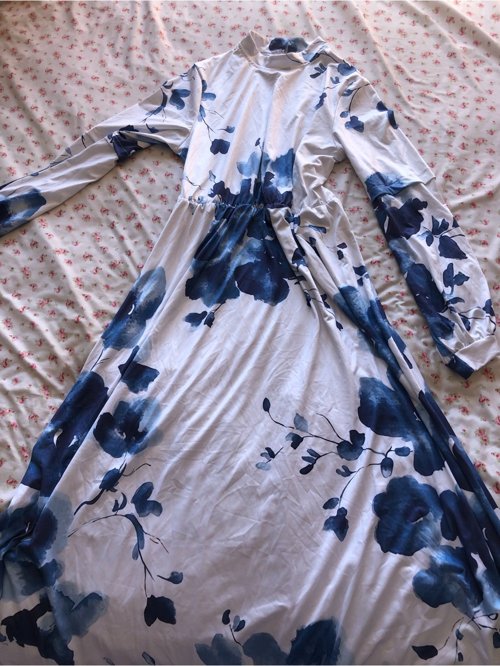 Amazon White Maxi Dress with Blue Floral Print - Long Sleeve